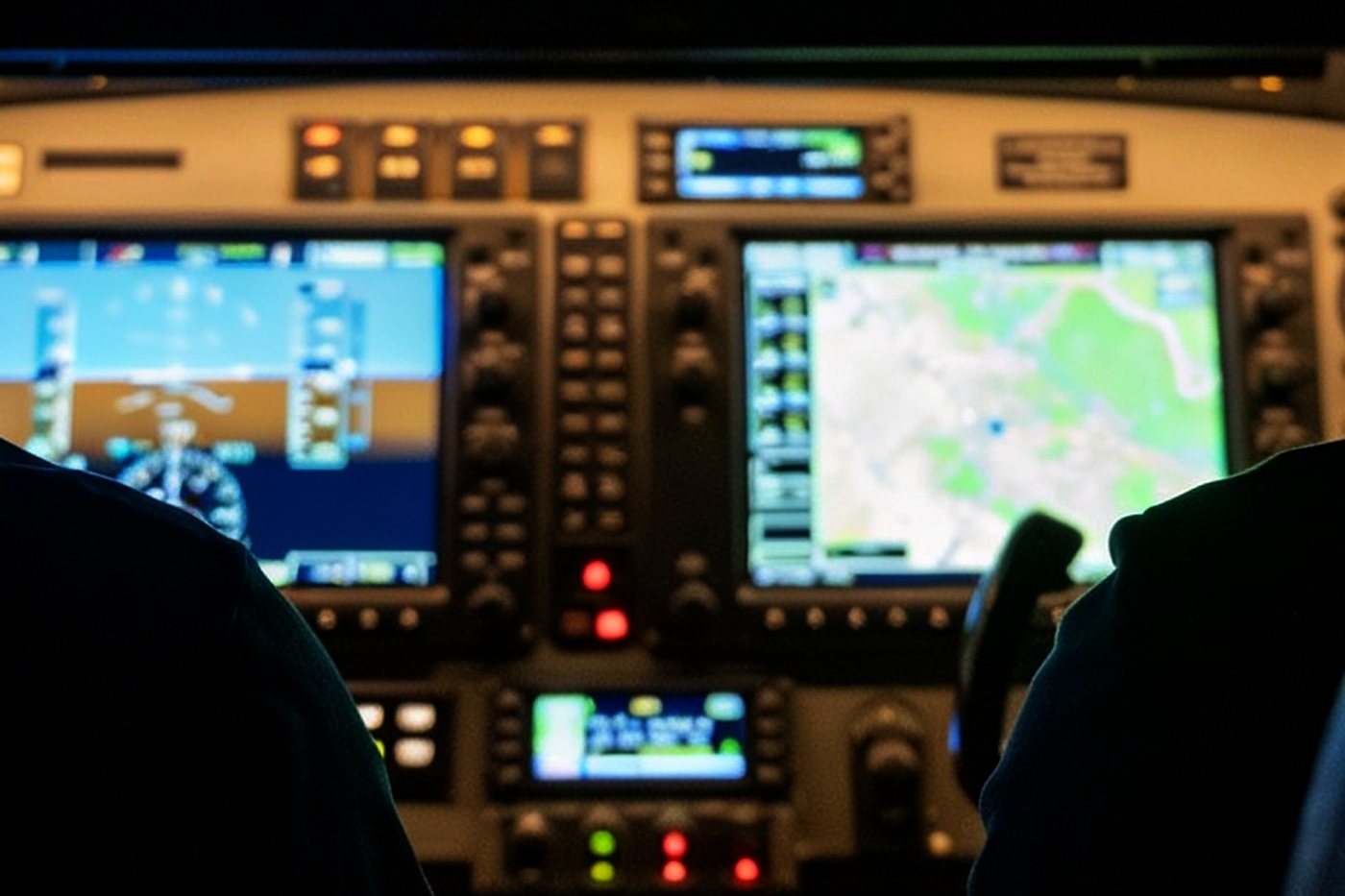 A lit instrument panel seen at night between the shoulders of two pilots, a primary flight display on the left and a moving map on the right, red and green annunciators below.