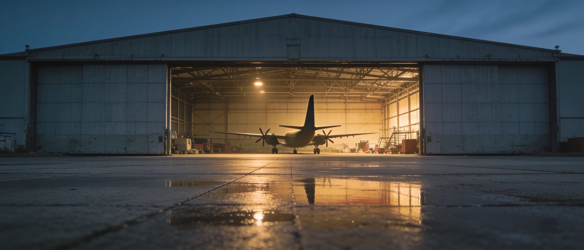 An open hangar door at dusk seen across an empty wet apron, warm interior light spilling out onto the concrete, a turboprop silhouetted inside.