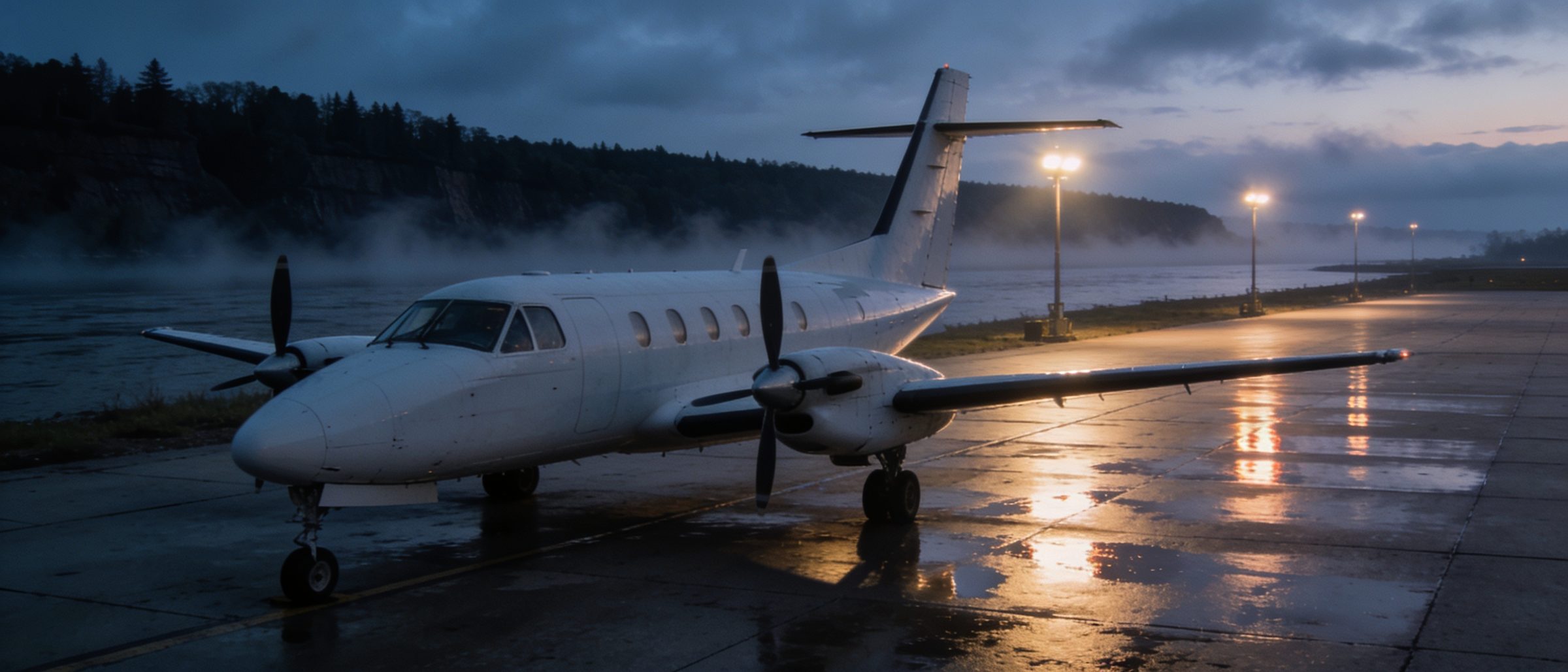 A white twin-engine turboprop parked on a wet ramp at first light, ramp floodlights reflecting off the pavement, fog lying over the water and a wooded bluff behind.