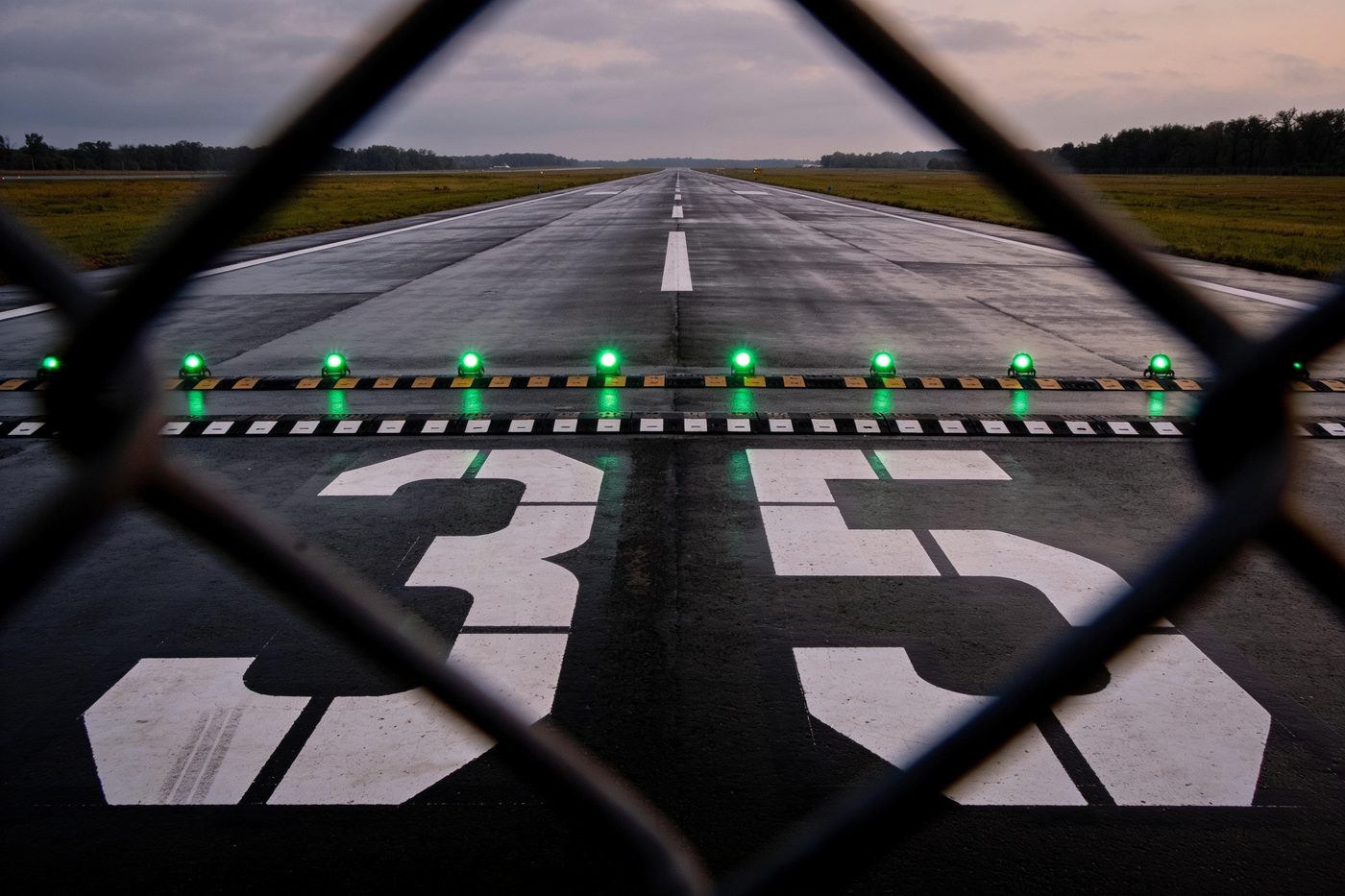 A runway threshold at dusk seen through a chain link fence, the numbers 35 painted large on wet asphalt with a row of green threshold lights across the width.